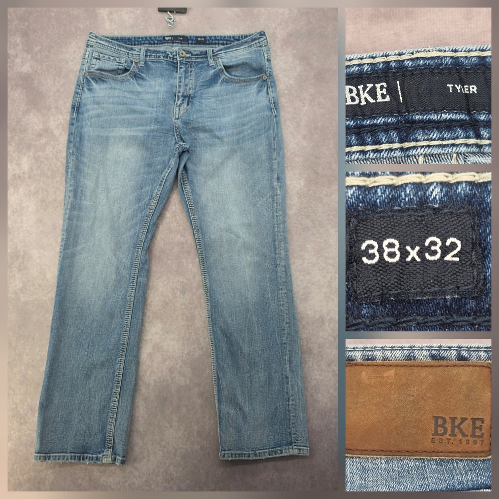 BKE Tyler Jeans Mens 38x32 Straight Leg Medium Wash Stretch Denim Embroidered